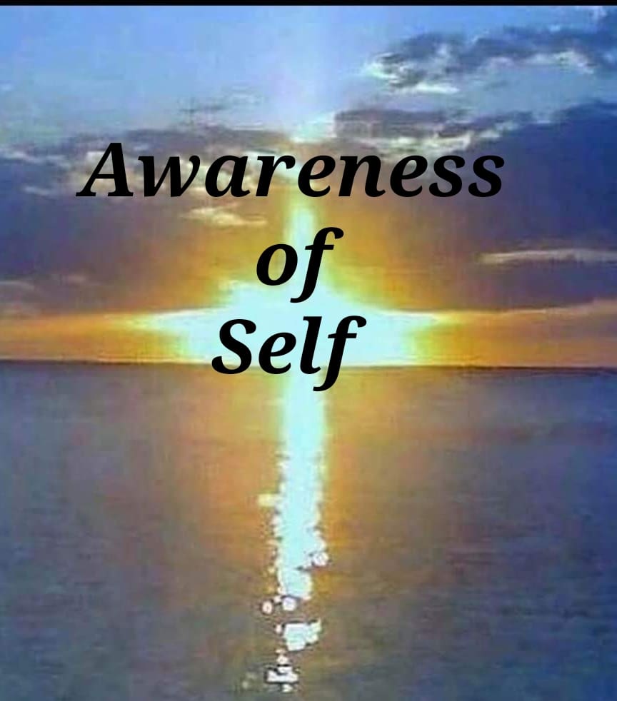 A poster of awareness of self with a sunset in the back